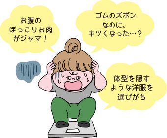 「お腹のぽっこりお肉がジャマ!」「ゴムのズボンなのに、キツくなった…?」「体型を隠すような洋服を選びがち」