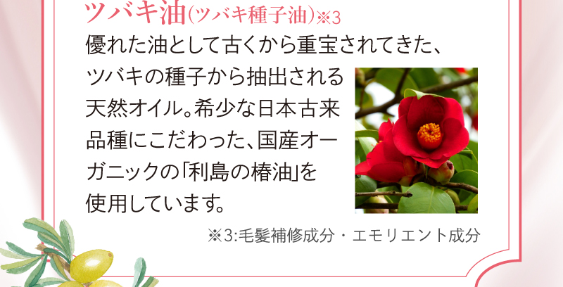 ツバキ油（ツバキ種子油）希少な日本古来品種にこだわった、国産オーガニックの「利島の椿油」を使用