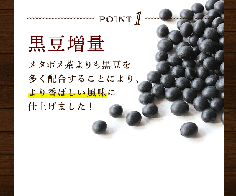 point1：黒豆増量　メタボメ茶よりも黒豆を多く配合することにより、より香ばしい風味に