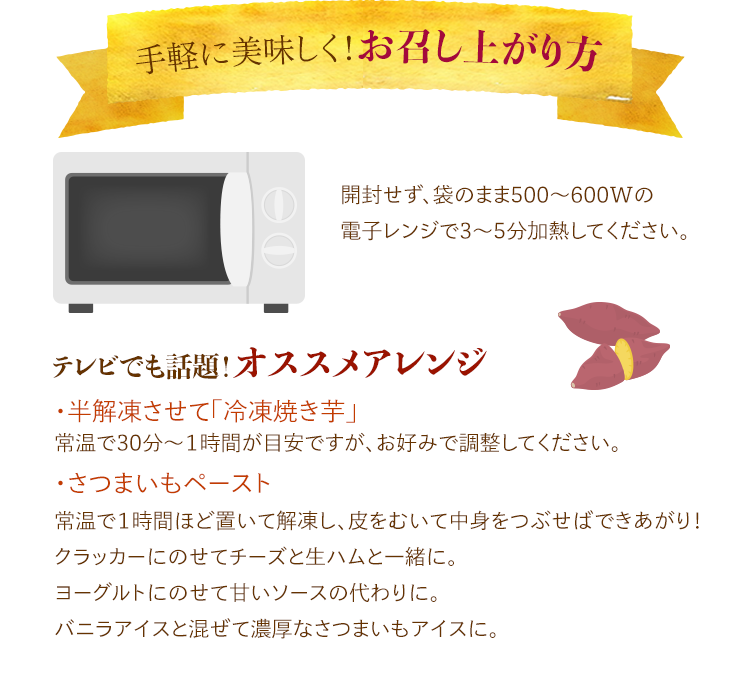 開封せず、袋のまま500〜600Wの電子レンジで3〜5分加熱してください。