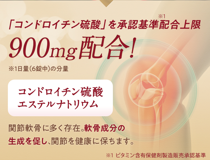 「コンドロイチン硫酸」を承認基準配合上限900mg配合! コンドロイチン硫酸エステルナトリウム 関節軟骨に多く存在。軟骨成分の生成を促し、関節を健康に保ちます。