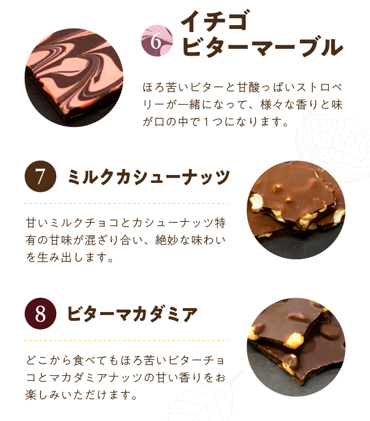 6.イチゴビターマーブル 7.ミルクカシューナッツ 8.ビターマカダミア