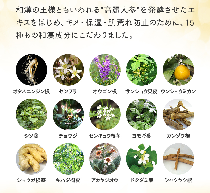 和漢の王様ともいわれる”高麗人参”を発酵させたエキスをはじめ、キメ・保湿・肌荒れ防止のために、15種もの和漢成分にこだわりました。