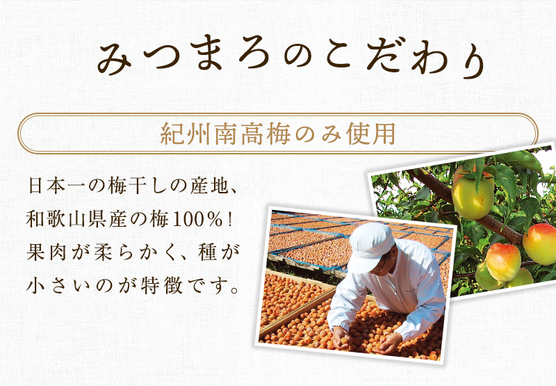 日本一の梅干しの産地、和歌山県産の梅100％！果肉が柔らかく、種が小さいのが特徴です。