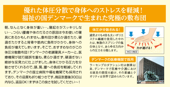 優れた耐圧分散で身体へのストレスを軽減!福祉の国デンマークで生まれた究極の敷布団
