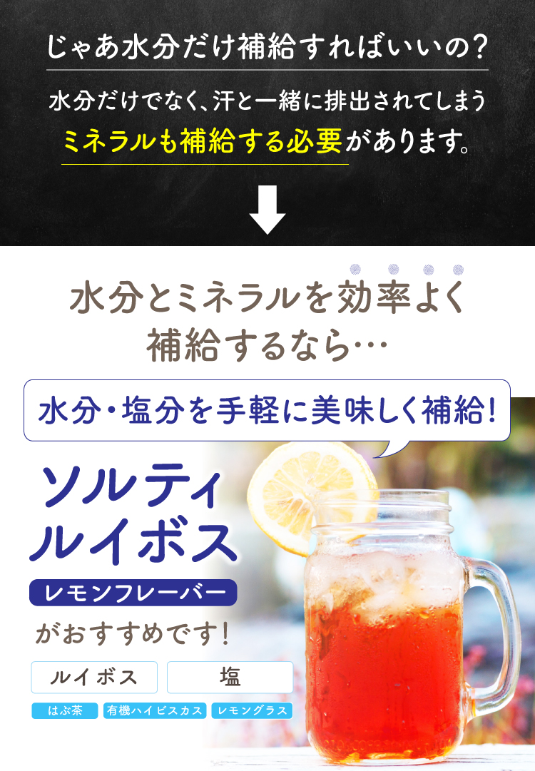 水分とミネラルを効率よく補給するなら… ソルティルイボスがおすすめです!