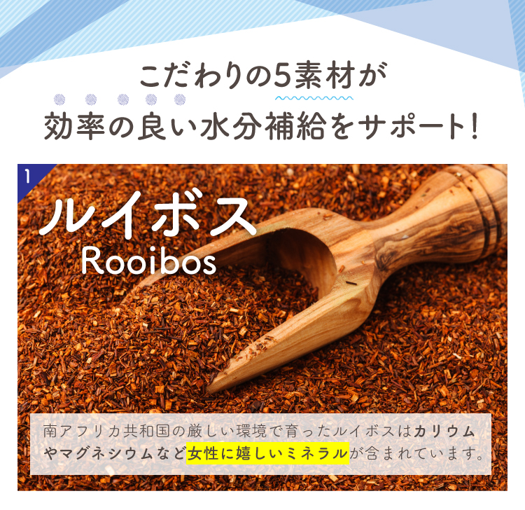 こだわりの5素材が効率の良い水分補給をサポート! ルイボス