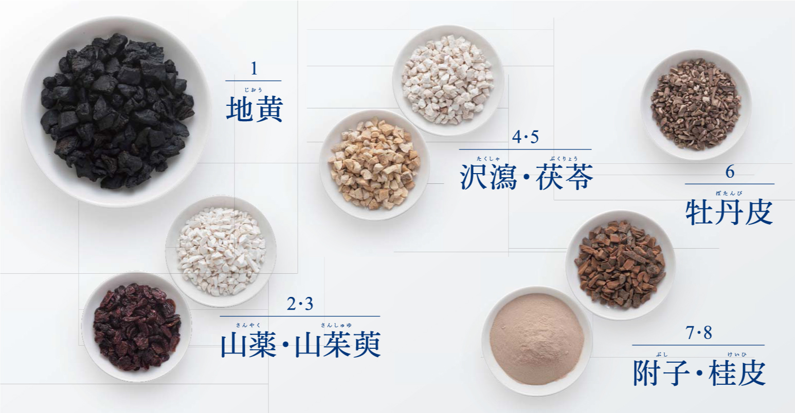 地黄 山薬 山茱萸 沢瀉 茯苓 牡丹皮 附子 桂皮