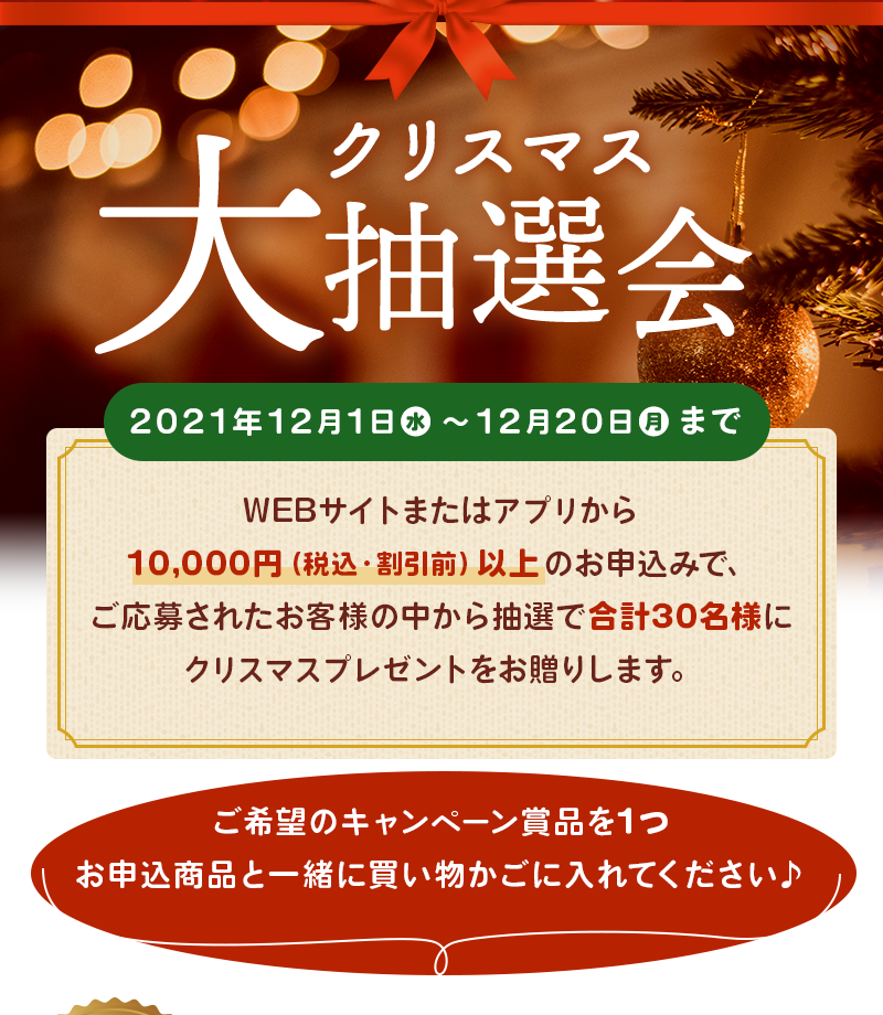 クリスマス大抽選会　WEBサイトまたはアプリから10,000円（税込・割引前）以上のお申込みで、ご応募されたお客様の中から抽選で合計30名様にクリスマスプレゼントをお贈りします。