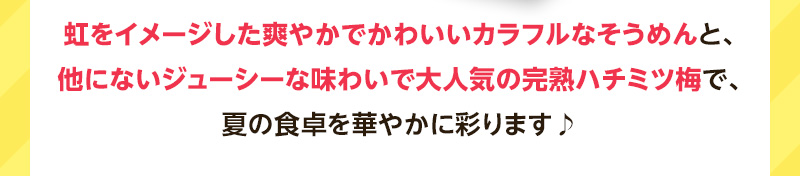 虹をイメージした爽やかでかわいいカラフルなそうめんと、他にないジューシーな味わいで大人気の完熟ハチミツ梅で、夏の食卓を華やかに彩ります♪