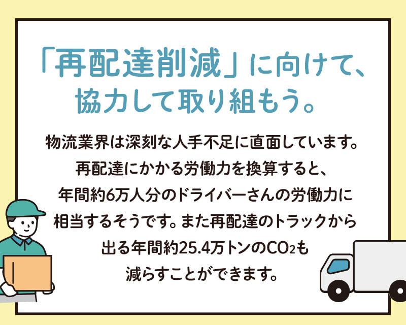 人手不足を抱える物流業界のサポートのため、「再配達削減」に向けて協力して取り組もう。