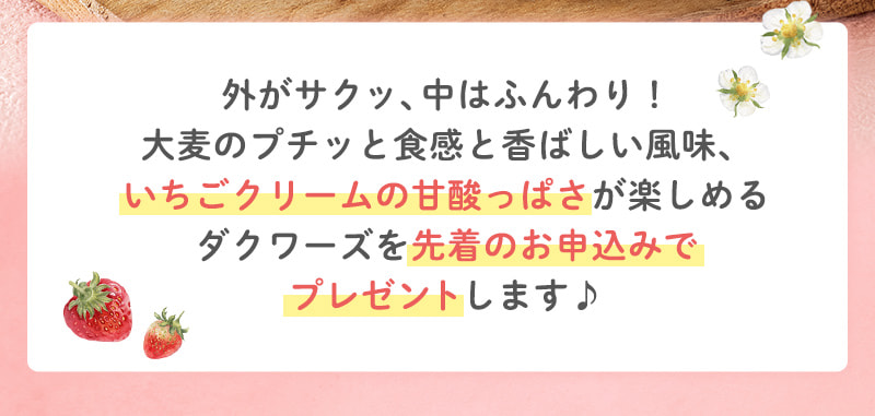外がサクッ、中はふんわり！大麦のプチッと食感と香ばしい風味、いちごクリームの甘酸っぱさが楽しめるダクワーズを先着のお申込みでプレゼントします♪