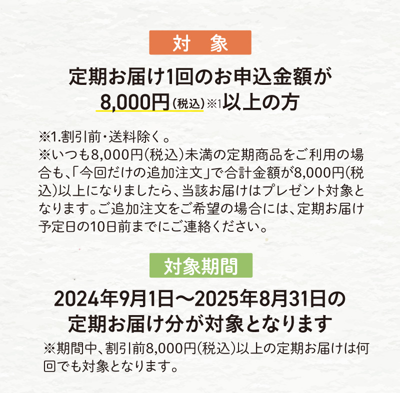 2024年9月1日～2025年8月31日の定期お届け分が対象となります。